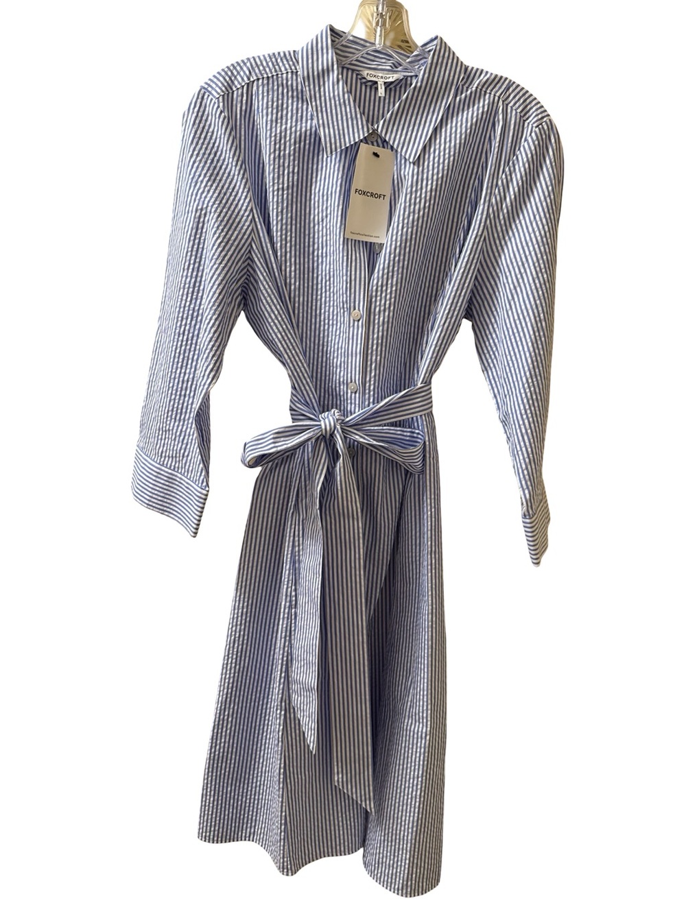 Foxcroft Fiona Blue White Stripe Seersucker Shirt Dress L NWT - Picture 4 of 8
